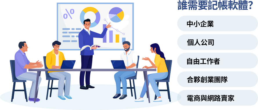 誰需要記帳軟體?需要財務管理的人或組織 記帳軟體有助於提升財務管理效率,適用於個人公司、自由工作者、合夥創業團隊、電商賣家及中小企業,幫助清楚管理收入支出、報稅、獲利分紅等金流。